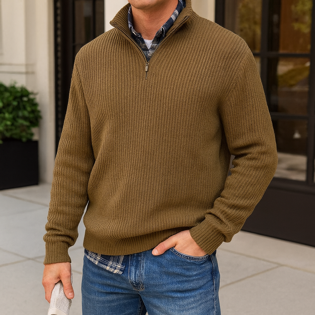 Men Collar Quarter Zip-Up Sweater Casual