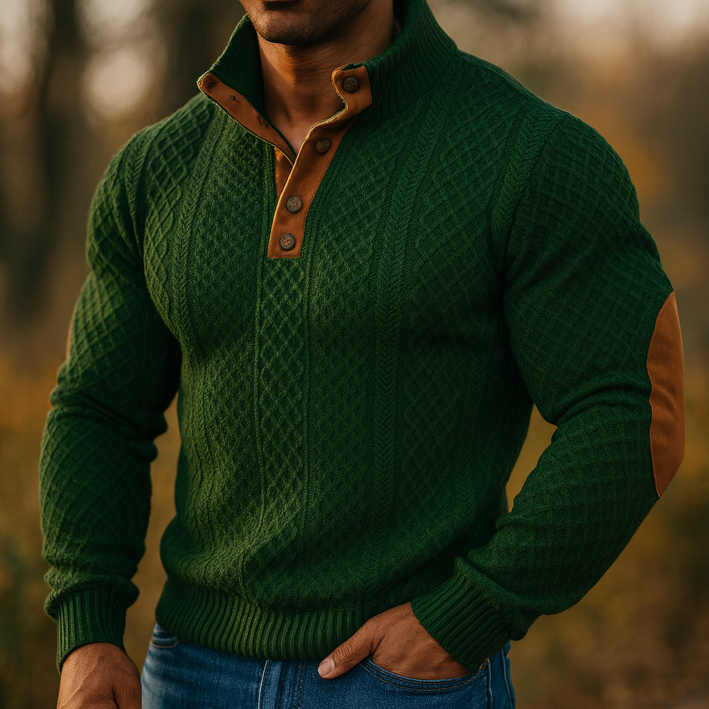 Men’s Collar Knit Sweater – Warm Jacquard Long Sleeve Pullover