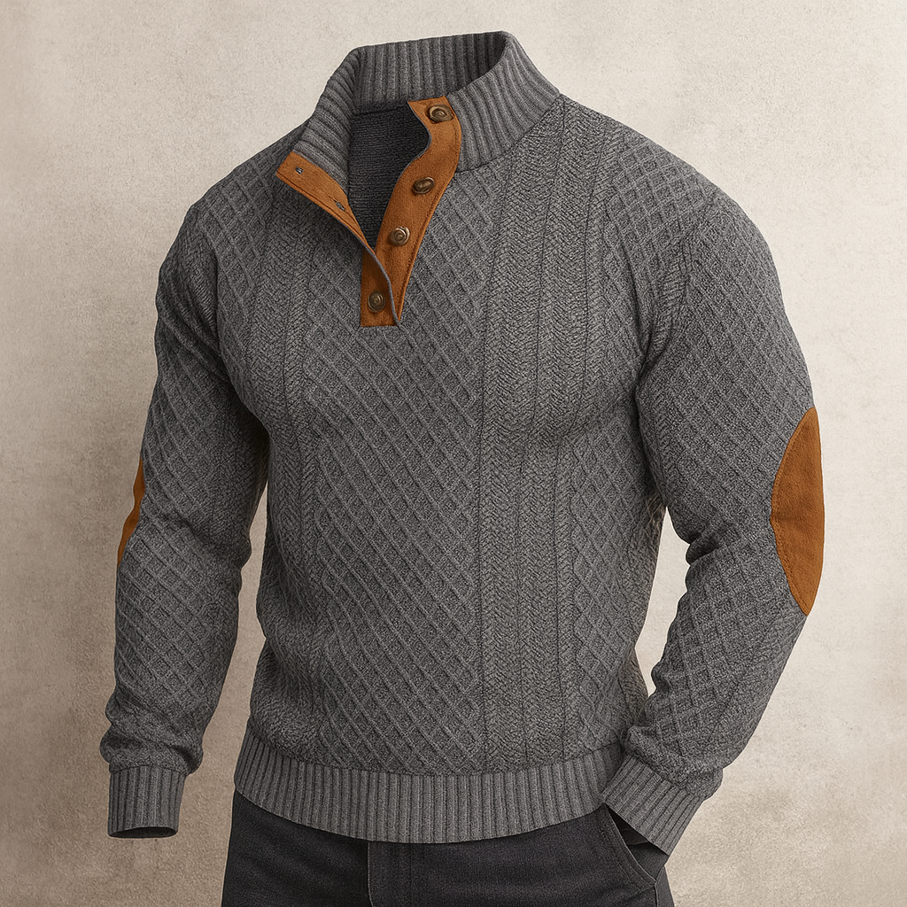 Men’s Collar Knit Sweater – Warm Jacquard Long Sleeve Pullover