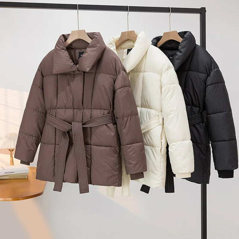 Women’s Warm Belted Puffer Jacket – Lightweight Quilted Winter Coat